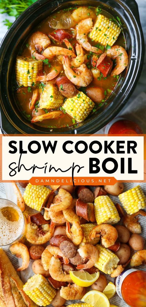 Bust out your crockpot and try this homemade dinner recipe! It will become one of your favorite seafood meals when entertaining. Full of potatoes, sausage, corn, and Old Bay, this Slow Cooker Shrimp Boil is the BEST! Boil Recipes, Sausage Shrimp, Shrimp Corn, Seafood Boil Recipes, Easy Crockpot Dinners, Boiled Food, Shrimp Boil, Crockpot Dishes, Andouille Sausage