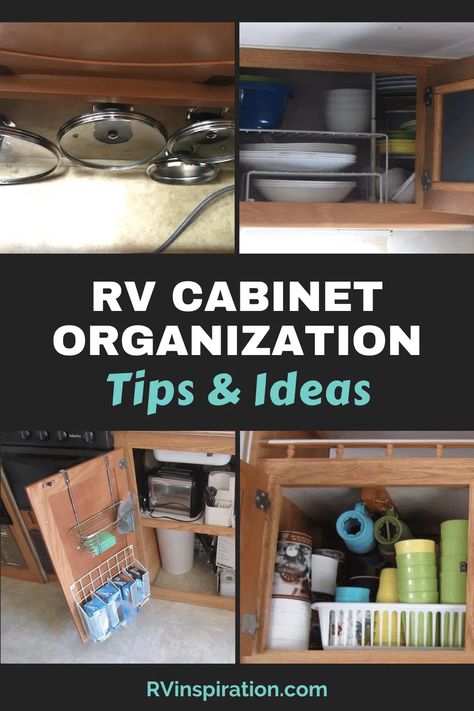 RV kitchen cabinet storage ideas and organization tips | rvinspiration.com #RVstorageideas #RVorganization #RVkitchenideas Organisation, Rv Kitchen Cabinet Organization, Rv Under Sink Storage Ideas, Rv Silverware Storage Ideas, Kitchen Cabinet Storage Ideas, Under Kitchen Sink Storage, Rv Kitchen Organization, Camper Organization Rv Living, Cabinet Storage Ideas