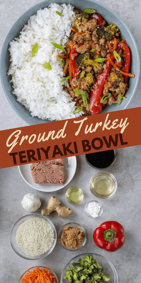 Turkey Stir Fry Healthy, Turkey Teriyaki Rice Bowl, Ground Turkey Teriyaki, Ground Turkey Stir Fry, Turkey Stir Fry Recipes, Teriyaki Rice Bowl, Teriyaki Rice, Turkey Stir Fry, Turkey Bowl