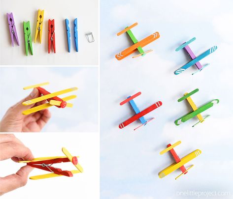 These clothespin airplanes are SO CUTE and they're really easy to make using clothespins and craft sticks (popsicle sticks). This is such a fun kids craft and a great craft for a rainy day! They look like real airplanes and the clothespins even open and close! Crafts That Start With A, Popsicle Stick Crafts For Kids, Airplane Crafts, Transportation Crafts, Popsicle Crafts, Craft Sticks, Stick Crafts, Popsicle Stick Crafts, Clothes Pin Crafts