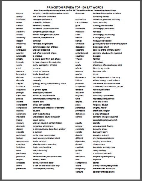 I have been quizzing my son with the Princeton 100 this summer and will use it in my class in the fall. Great list of SAT vocabulary words! College Scholarships, High School Vocabulary, Sat Vocabulary, Teach Vocabulary, Act Prep, Sat Prep, Teaching Vocabulary, School List, Vocabulary List