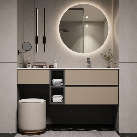 40" Modern Floating Bathroom Vanity Set with Single Sink & a Makeup Countertop in Khaki Large Bathroom Sink, Bathroom Sink Units, Toilet Vanity, Bathroom Furniture Modern, Bathroom With Makeup Vanity, Bathroom Vanity Designs, Washbasin Design, Fitted Bathroom, Bad Inspiration