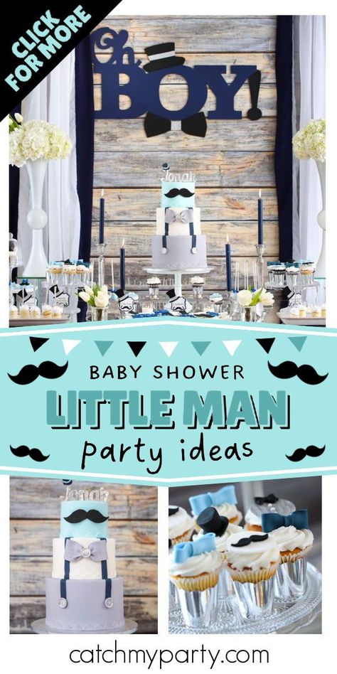 Check out this fun little man baby shower! The cake is wonderful! See more party ideas and share yours at CatchMyParty.com Men’s Baby Shower Ideas, Little Man Baby Shower Ideas, Men’s Baby Shower Games, Little Man Baby Shower Theme, Little Man Birthday Party Ideas, Lil Man Baby Shower, Mustache Baby Shower Theme, Baby Shower Party Planning, Man Shower