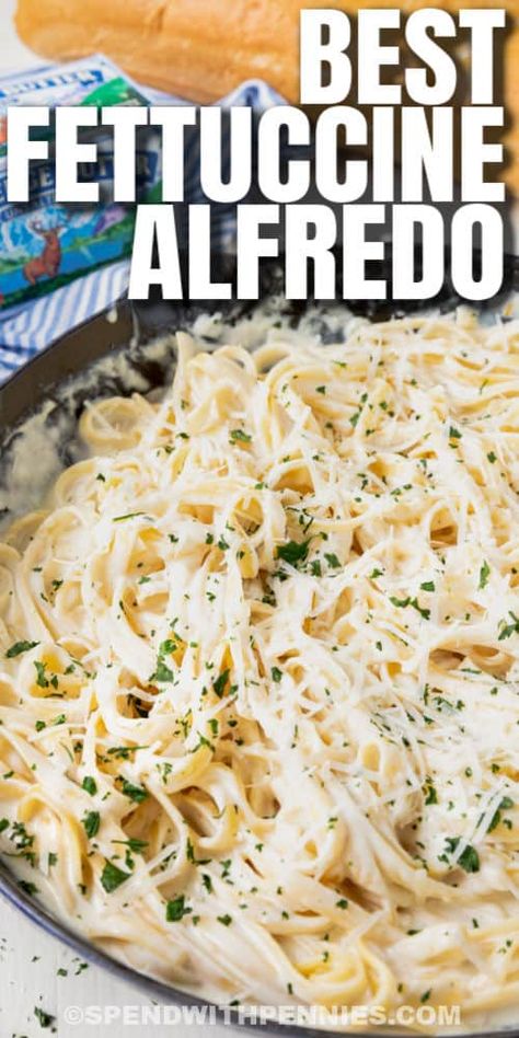 This tasty fettuccine alfredo recipe is sure to end up at the front of the recipe box! Easy ingredients, easy to make, and it can be made in the Instant Pot, too! #spendwithpennies #spendwithpennies #fettuccinealfredo #entree #recipe #olivegarden #receta #sauce #easy #cream #best #cheese #pasta #stovetop #instantpot Egg Fettuccine Pasta Recipes, Fettuccine Alfredo Sauce, Homemade Chicken Alfredo, Fettuccine Alfredo Recipe, Creamy Garlic Pasta, Fettuccine Noodles, Pasta Recipes Alfredo, Favorite Pasta Recipes, Fettuccine Alfredo Recipes