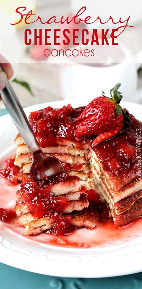 Strawberry Cheesecake Pancakes, Cheesecake Pancakes, Easy Strawberry Cheesecake, Best Pancake Recipe, Carlsbad Cravings, Strawberry Syrup, Pancake Recipes, What's For Breakfast, Easy Strawberry