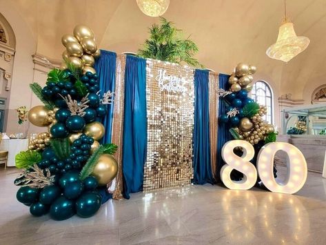 Happy Retirement Decorations, Balloon Marquee, Gold Balloons Decorations, 80th Birthday Party Decorations, Black And Gold Party Decorations, Event Decor Ideas, Navy Blue Curtains, Party Decorations Table, 70th Birthday Decorations