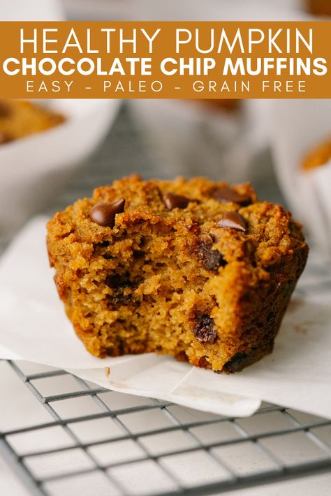 Make these Healthy Pumpkin Chocolate Chip Muffins for the perfect fall treat. They are delicious gluten free pumpkin spice muffins that are made extra sweet with a few chocolate chips. Healthy Pumpkin Chocolate Chip Muffins, Almond Flour Pumpkin Muffins, Paleo Pumpkin Muffins, Gluten Free Pumpkin Muffins, Pumpkin Muffin Recipes, Pumpkin Chocolate Chip Muffins, Pumpkin Chocolate Chip, Paleo Pumpkin, Pumpkin Spice Syrup