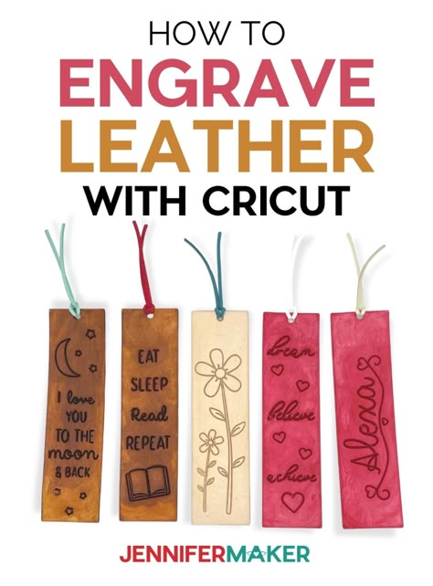 Brown, tan, and red engraved leather bookmarks. Cricut Joy Leather Projects, Cricut Wooden Bookmarks, Faux Leather Bookmark Cricut Svg, Wooden Bookmarks Cricut, Faux Leather Bookmarks Cricut, Engraving Leather With Cricut Maker, Cricut Maker 3 Leather Projects, Engrave Leather With Cricut, Bookmarks Made With Cricut