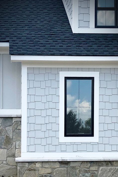 Black Window White Trim Exterior, European Window Trim, Gray Shake Siding Exterior, Framed Windows Exterior, Modern Window Trim Exterior, Trim Around Exterior Windows, Gray House Black Windows, Blue House Black Windows, Black Framed Windows Exterior