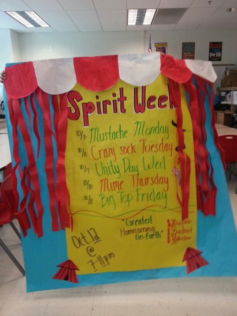 Themed spirit week posters Circus Spirit Week, Spirit Week Posters, Stuco Posters, Student Senate, Spirit Week Themes, College Homecoming, Spirit Day Ideas, Carnival Floats, Rally Idea