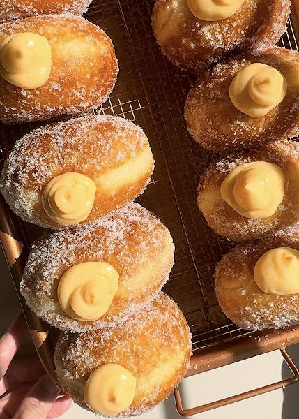 Brioche Donut with Vanilla Custard Filling Custard Doughnut, Vanilla Custard Filling, Sourdough Brioche, Italian Donuts, Brioche Donuts, Donuts Recipes, Vanilla Paste, Custard Filling, Vanilla Custard