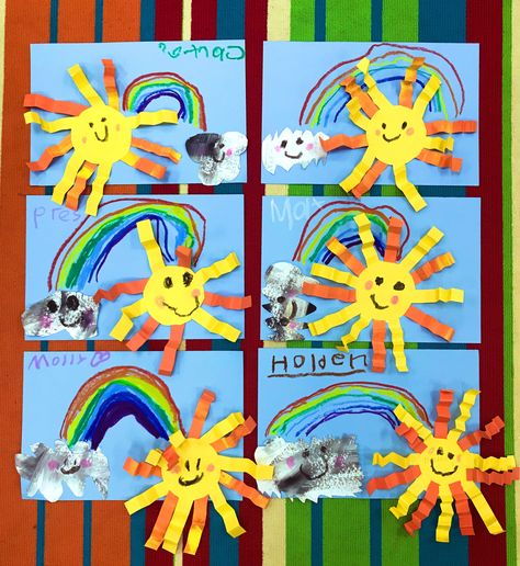 Happy suns and clouds inspired by the book “The Day the Crayons Saved the Rainbow”. Made by kindergarten! How The Crayons Saved The Rainbow, Sun Art For Preschoolers, Sun Art Kindergarten, The Day The Crayons Saved The Rainbow Activities, How The Crayons Saved The Rainbow Craft, Rainbow Crafts Preschool, Art Auction Projects, Valentine Card Crafts, Preschool Weather