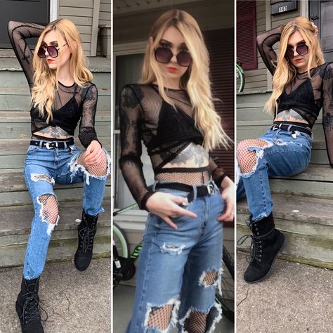 Mom jeans with street fashiom fishnet goth grunge Ripped Jeans With Fishnets Outfit, Jeans With Fishnets Outfit, Ripped Jeans With Fishnets, Jeans With Fishnets, Fishnets Outfit, Goth Grunge, Ripped Jeans, Denim Skirt, Blue Jeans