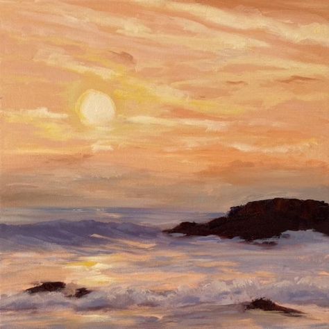 This sunset seascape of glowing light in colors so delicate in which you feel the soft radiant warmth. Contemporary Sunset Painting - 12 x 12 x 3/4 Oil Painting Original on canvas. Painted sides. Light Artwork Paintings, Oil Paint Sunset, Summer Sunset Painting, Abstract Bright Art, Beach Painting Sunset, Sunset Beach Painting, Therapy Painting, Abstract Sunset Painting, Sunset Mural