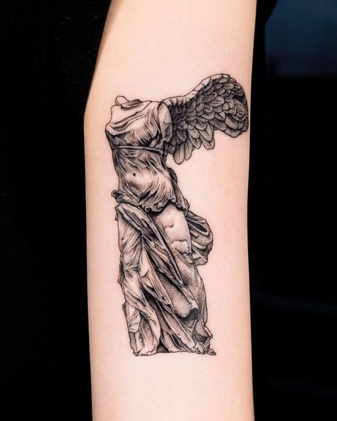 The Goddess of Victory Nike Statue Tattoos Nike Statue, Victory Tattoo, Greek Goddess Tattoo, Nike Tattoo, Nike Goddess, Nike Goddess Of Victory, Zeus Tattoo, Tattoo Filler, Statue Tattoo