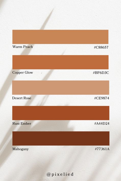 This palette features warm and inviting tones: Warm Peach and Copper Glow provide soft, radiant warmth, Desert Rose adds a gentle touch, while Rust Ember and Mahogany bring rich, earthy depth, perfect for a cozy and vibrant atmosphere. Desert Color Palette, Color Scheme Generator, Earth Colour Palette, Tone Color Palette, Earth Tone Color Palette, Earth Tone Color, Earth Color, Palette Color, Gentle Touch