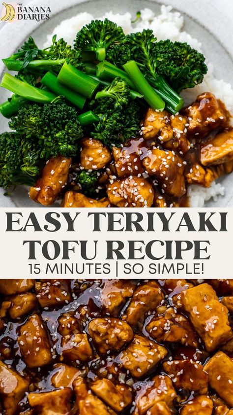 This easy teriyaki tofu is slathered in a homemade teriyaki sauce and sautéed until crispy and deliciously tender for a quick 15 minute dinner start to finish! Tofu Sauce Recipe, Teriyaki Tofu Recipes, Vegan Teriyaki Stir Fry, Teriyaki Tofu Noodles, Vegan Teriyaki Tofu, Terriyaki Tofu, Banana Diaries, Tofu Recipes Easy, Healthy Vegan Dinner Recipes