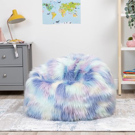 UNICORN DESIGN; Unicorn lovers will adore this icon faux fur bean bag, created with sweet shades of pastel lilacs and blues SINK IN COMFORT; Generously sized, kids will love sinking into the comfy seat of this supportive bean bag; thousands of free flowing beads will mould to their body shape SOFT FAUX FUR; This soft and snug seat will complement a variety of playrooms, bedrooms and living spaces; kids will enjoy the super-soft, tactile faux fur. It will quickly become their favourite seat PORTA Fluffy Bean Bag Chair, Large Bean Bag Chairs, Faux Fur Bean Bag, Fur Bean Bag, Large Bean Bags, Outdoor Bean Bag, Kids Bean Bags, Bean Bag Sofa, Unicorn Kids