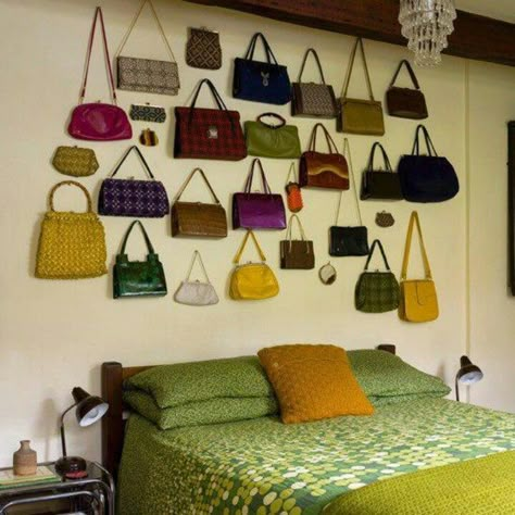 Wow. I'm not that bad! ;) Purse Display, Feature Wall Bedroom, Purse Storage, Decoration Shabby, Retro Bedrooms, Handbag Storage, Vintage Purses, Displaying Collections, Vintage Handbags