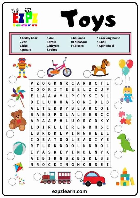 Free Printable Word Search Worksheets For Kids Topic Toys Kindergarten Preschool Game Preschool Printables Free, Vocabulary Games For Kids, Word Puzzles For Kids, Preschool Worksheets Free Printables, Kids Word Search, Free Printable Word Searches, English Activities For Kids, Free Preschool Printables, Kids Literacy