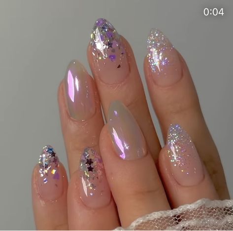 Natural Glitter Nail Designs, Fairy Light Nails, Nails With Sparkly Tips, Starfall Nails, Glitter French Nails Short, Super Sparkly Nails, Short Sparkle Nails, Princess Nails Aesthetic, Celebration Nails