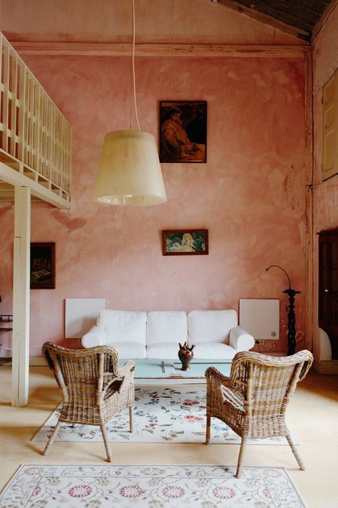 Pink Lime Washed Walls Lime Wash Walls, Limewash Walls, Lime Wash, Washing Walls, Pink Living Room, White Sofas, Beautiful Living Rooms, A Living Room, Interior Inspiration