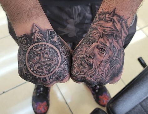 Aztec Calendar/ Jesus Piece Aztec Calendar Tattoo, Calendar Tattoo, Mexican Tattoo, Chicano Style, Jesus Piece, Chicano Style Tattoo, Aztec Tattoo, Tattoo Hand, Aztec Calendar