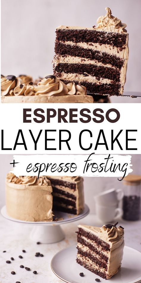 This chocolate espresso cake consists of layers of rich espresso chocolate cake filled and covered with espresso buttercream. The espresso buttercream is a Russian buttercream infused with espresso powder to get an incredible coffee-flavored dessert. If you love coffee, this is the ideal cake for you, easy to make and full of flavor. The chocolate cake uses the all-in-one method so it's very simple, and the buttercream has just a few ingredients. Easy homebaking for a birthday cake or party. Espresso Cake Recipe, Espresso Chocolate Cake, Russian Buttercream, Espresso Buttercream, Chocolate Espresso Cake, Espresso Cake, Dream Dessert, Espresso Powder, Chocolate Espresso