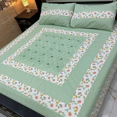 ❁﷽❁* Cotton 3PC *PatchWork work* Bedsheets Stuff= Cotton *Export Quality stitched* *Center Embroidered* After wash colors and fabric Guarantee💯 1 Sheet 90"×95" 2 Pillow Covers 19"×29" *Double bed= king size*👑 Retail price:*1250Fix* For order WhatsApp no 03221638465 Patch Work Bedsheets Design, Patchwork Bedsheets, Bed King Size, Bed Cover Design, Cushion Embroidery, Bed King, Cotton Bedsheets, Patch Work, Double Bed