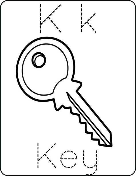 Letter Kk uppercase and lowercase, cute children coloring a key, ABC alphabet tracing practice worksheet of a key for kids learning English vocabulary, and handwriting vector illustration K Is For Key, Practicing Handwriting, Tracing Practice, Preschool Writing, Abc Alphabet, Handwriting Worksheets, School Things, Alphabet Tracing, Vector Sketch