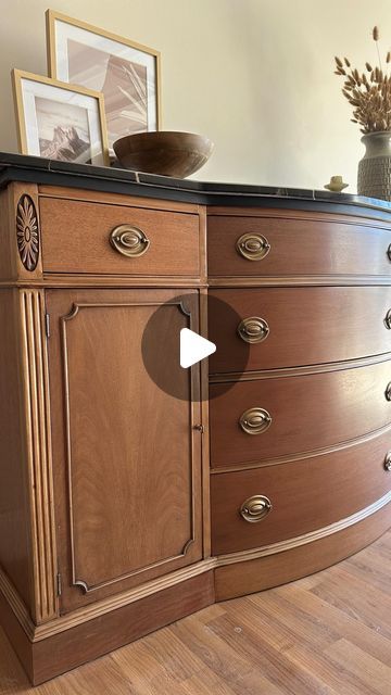 Kristen Coulson | DIY & furniture flips on Instagram: "be honest.. should I have painted it??

Comment “BUFFET” below 👇🏻 if you want the links to the products I used sent to your DMs!
(Contains affiliate links!)

HOW I DID IT:
-removed hardware and cleaned with a degreaser
-sanded to raw wood with a 120 then 220 grit and my @festool_usa sander! 
-applied a tan paint wash followed by the stain “antique oak” by @generalfinishes 
-topcoated it, hated it so went in with “van dyke brown” glaze by @generalfinishes to even out the color. (It worked!) topcoat again with @minwaxusa polycrylic
-painted the top black to hide the massive damage
- spray painted and rubbed gliding wax on original hardware to get the perfect antique look 

I personally love how this one turned out and I’m glad I got to Spray Paint Wood Furniture Diy, Distressed Furniture Diy Chalk Paint, How To Paint Dark Wood Furniture, Refinishing Furniture With Chalk Paint, Wood Furniture Restoration, Mahogany Furniture Makeover, How To Antique Paint Furniture, Old Buffet Makeover Ideas, Black Wash Furniture