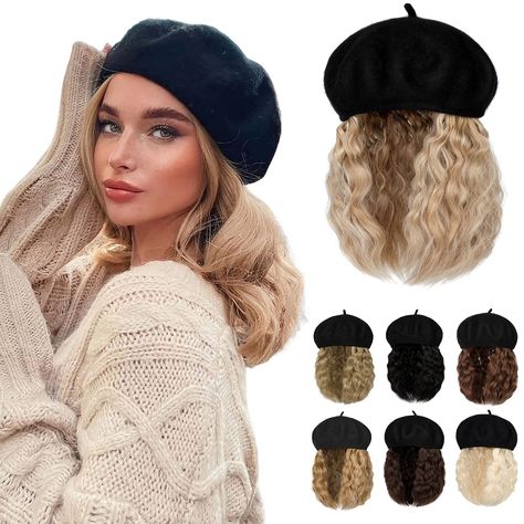 Lansigreen Berets Hat with Hair Extensions Classic Stretchable Wool French So... French Advertisement, Wig Color Ideas, Wig Styling, Curly Hair Extensions, Wig Hat, Short Curly Bob, Wig Color, Hair For Women, Short Bob Wigs