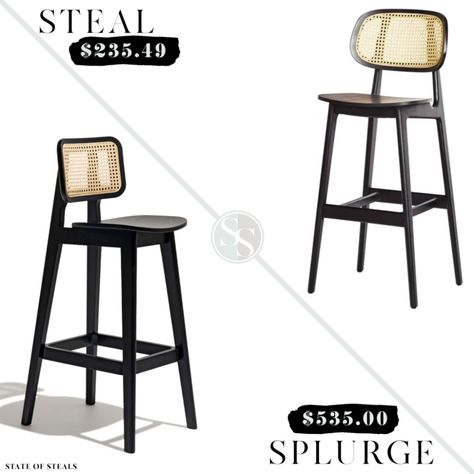 Black Cane Stool Look for Less - State of Steals - Bar and Counter Stools inspired by Industry West for a fresh transitional style kitchen seating solution. Cane Bar Stools, Cane Stool, Transitional Style Kitchen, Industry West, Kitchen Seating, Counter Bar, Counter Bar Stools, Transitional Style, Counter Stools