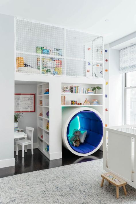 Playroom With Climbing Wall and Play Loft | 2017 Faces of Design | HGTV Climbing Wall Kids, Loft Playroom, Kids Loft, Cool Kids Bedrooms, Kids Loft Beds, Budget Bedroom, Playroom Design, Loft Room, Toys Kids