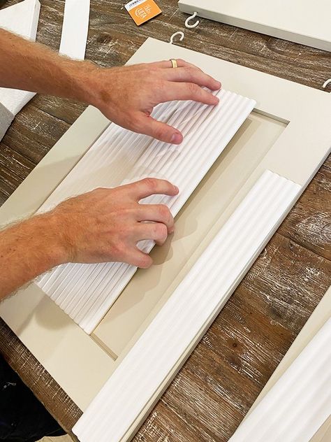 DIY Fluted Cabinet Doors - Jenna Sue Design Fluted Cabinets Bathroom, Cabinet Renovation Diy, Diy Small Wall Cabinet, Diy Doors For Cabinet, Reeded Cabinets Diy, Add Texture To Cabinet Doors, Dowel Rod Cabinet Door, Fluted Shaker Cabinet, Refurbished Cabinet Doors