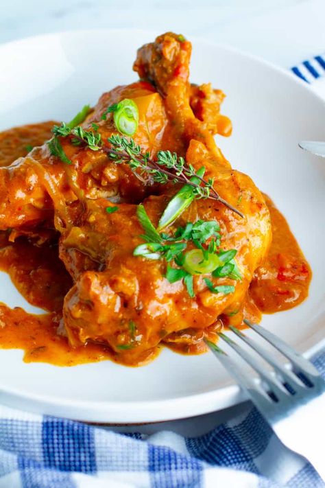 Haitian Stewed Chicken (Poulet Creole) Haitian Stew Chicken Recipe, Chicken Poulet, Creole Chicken, Seasoning Chicken, Stewed Chicken, Creole Sauce, Stew Chicken Recipe, Tomato Gravy, Drumstick Recipes