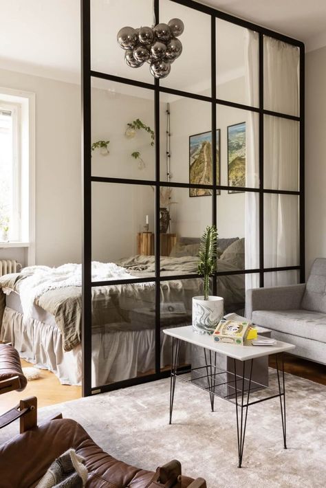 Small Loft Apartments Cozy, Studio Apartment Room Divider, Studio Apartment Ideas Divider, Bedroom Divider, Cozy Studio Apartment, Tiny Studio Apartments, A Studio Apartment, Glass Room Divider, One Room Apartment