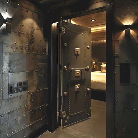 Discover the ultimate in security and style with our industrial panic room. The doorway, adorned with black metal and brass details, leads into a luxuriously rugged bedroom. A bed, reminiscent of Banksy's art, sits within a massive, vault-like space, showcasing heavy metal plates and multiple locks for maximum security. Camera Room Security, Safehouse Aesthetic, Cool Secret Rooms In Houses, Panic Rooms In Houses, Secret Room In Bedroom, Panic Room Ideas, Mafia Bedroom, Safe Rooms In Houses, Home Security Ideas