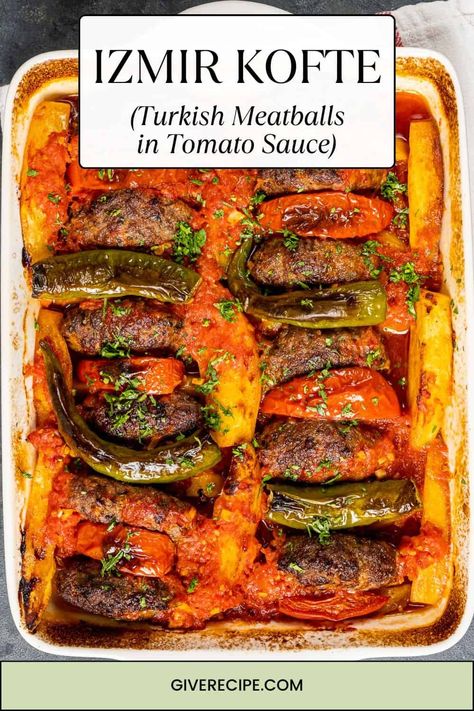 Make Izmir Kofte at home! This tasty Turkish meatball dish is packed with flavors and perfect for family meals. Turkish Casserole Recipes, Meatballs And Potatoes, Beef Kofta Recipe, Meatball Dish, Turkish Meatballs, Turkish Dishes, Fajita Mix, Meatball Dishes, Crunch Wrap