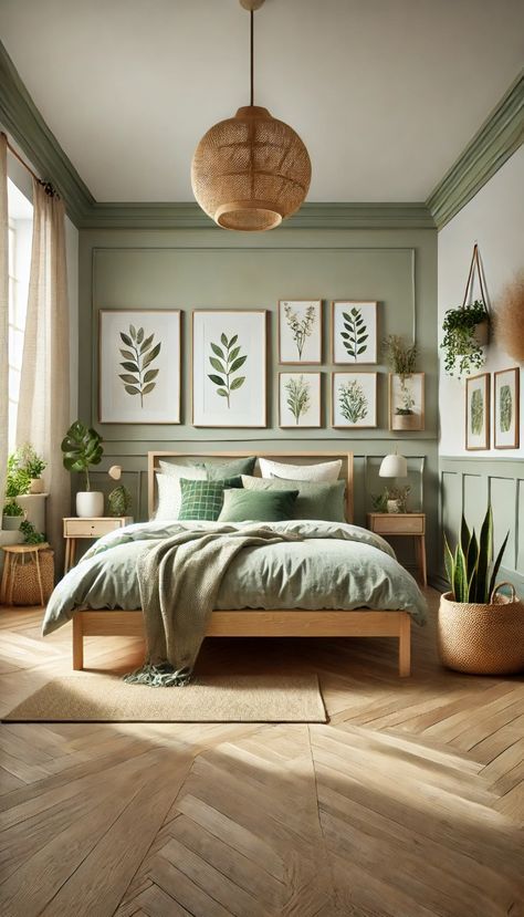 Soft Green Interior Design, Sage Bedroom Feature Wall, Wicker And Green Bedroom, Bedroom Design Sage Green, Different Shades Of Green Bedroom, Guest Bedroom Green Bedding, Emerald Green And Tan Bedroom, Light Green Guest Bedroom, Earthy Bedroom Wallpaper