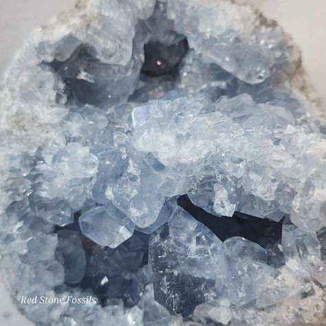 MINERAL MONDAY!! What a beautiful specimen of Blue Celestite! The sky blue crystals look almost like glass! We have several different Celestite specimens at the shop of all different shapes and sizes!! Blue Celestite looks great next to our Thundereggs and Selenite Towers!! Check them out on our website at www.redstoneok.com Celestite Aesthetic, Blue Crystal Aesthetic, Mineral Aesthetic, Maleficent Oc, Alyssa Targaryen, Blue Celestite, Celestite Crystal, Crystal Aesthetic, Vox Machina