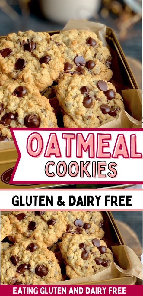 Two images of chocolate chip oatmeal cookies with text overlay. Dairy Free Oatmeal Chocolate Chip Cookie, Dairy Free Gluten Free Oatmeal Chocolate Chip Cookies, Gluten Free Dairy Free Oatmeal Cookies, Chewy Gluten Free Cookies, Gluten Free Dairy Free Chocolate Chip Cookies, Gf Oatmeal Chocolate Chip Cookies, Gluten Free Cookies Chocolate Chip, Dairy Free Oatmeal Cookies, Gluten And Dairy Free Cookies