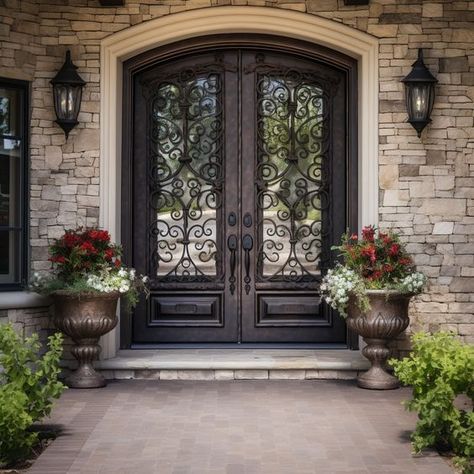 About Product: With a classic design of our GID Arch Top Rose Cooper Wrought Iron Front Double Door ED427. The elegant rose cooper finish adds a touch of luxury to any entrance while the sturdy wrought iron construction provides security and durability. Warmly welcome to upgrade your home with this door. GID Iron Entry Doors are all made of 12 gauge iron bars and double pane tempered glass. The iron doors are the perfect solution for a secure, elegant entryway. Crafted from durable iron with var Exterior Entryway Ideas Front Entrances Modern, Front Double Door Ideas, Double Doors Exterior Entrance, Mansion Door, Front Double Door, Exterior Entryway, Wrought Iron Entry Doors, Wrought Iron Front Door, Porch Entrance