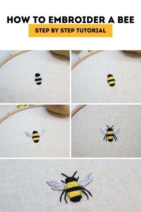 Embroidery Patterns Step By Step, Embroider Bee Pattern, Embroidery Bee Tutorials, Small Bee Embroidery Pattern, Hand Embroidery Bee Pattern, How To Embroider A Bumble Bee, Cute Hand Embroidery Designs Simple, Embroidered Bee Tutorial, Simple Bee Embroidery Tutorial