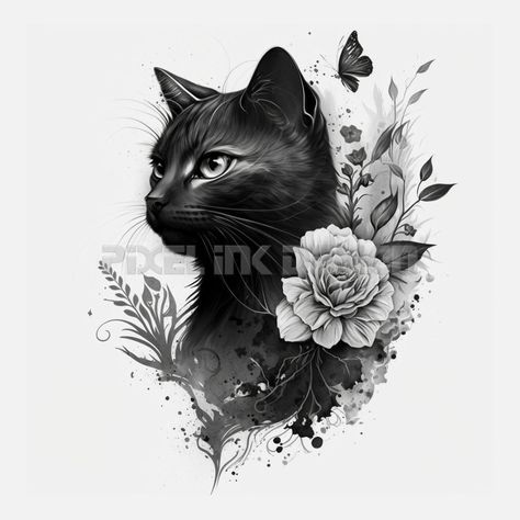 Cat Tattoo Large, Cat Tattoo With Flowers, Cat With Flowers Tattoo, Unique Cat Tattoo, Cat Memorial Tattoo, Cat Portrait Tattoo, Flowers Tattoo Design, Black Cat Tattoo, Cat Portrait Tattoos