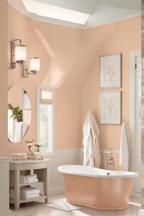 Dive into a daily interior designer routine for creating a chilled bathroom retreat with the calming hue of Apricot Ice (BM 2175-70). #Ad #homedecor #homedesign #bathroom #Painthome interiorarchitecture best Wall Colors for Bathroom Colors Bright Room Colors best colors combinations bathroom bathroom Remodeling Modern Paint Colors 2024 Light Orange Paint, Paint Colors 2024, Bright Room Colors, Chic Apartment Decor, Best Wall Colors, Modern Paint Colors, Peach Paint, Bright Room, Painted Bathroom