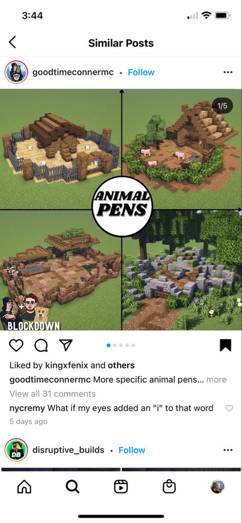 Minecraft Building Ideas Animal Pens, Cattle Farm Minecraft, Minecraft Animal Pens Aesthetic, Ocelot Enclosure Minecraft, Minecraft Pig Enclosure, Minecraft Book And Quill Ideas, Minecraft Small Animal Pen, Minecraft Kennel, Minecraft Animal Farm Ideas Layout