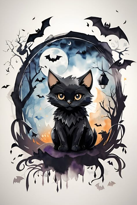 Black Cat Drawing, Halloween Logo, Cat Background, Cat Tattoo Designs, Cat Halloween Costume, Black Cat Art, Halloween Wall Art, Desenho Tattoo, Halloween Magic