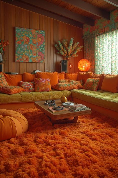 living room design Retro House Aesthetic, 70s Mid Century Home, 70s Living Room, 70’s Decor, Chambre Inspo, Casa Retro, 70s Interior, Retro Interior Design, Retro Living Rooms