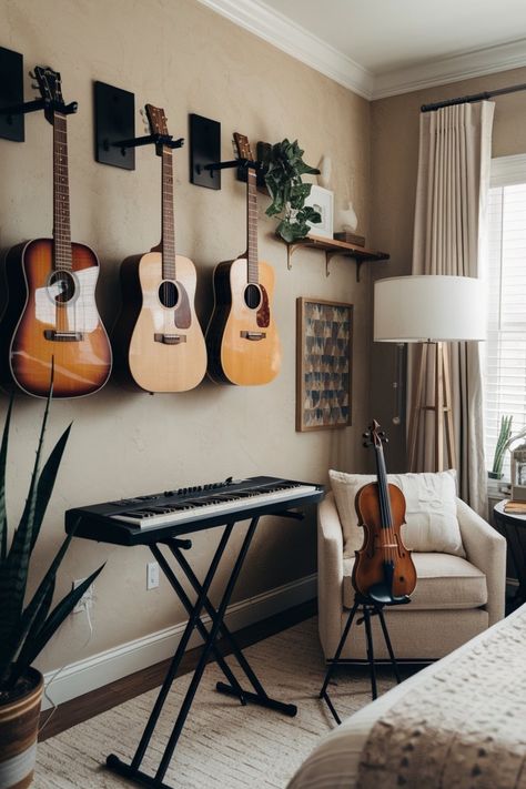 Transform your bedroom into a space that celebrates your love for music with these 10 ideas. From cozy corners to artistic accents, you’ll love the results! Guitar Office, Home Studio Decor, Sheet Music Wall Art, Musician Room, Music Living Room, Unique Furniture Ideas, Music Themed Bedroom, Music Room Ideas, Cute Living Room